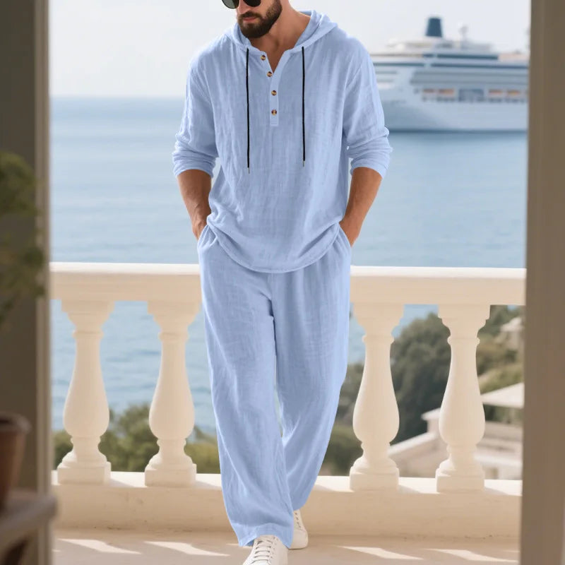 Costume décontracté en lin pour hommes, chemise Henley ample à capuche, pantalon à manches longues, automne transfrontalier