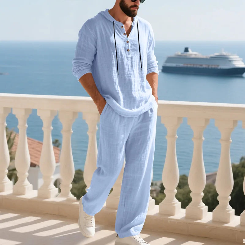 Costume décontracté en lin pour hommes, chemise Henley ample à capuche, pantalon à manches longues, automne transfrontalier