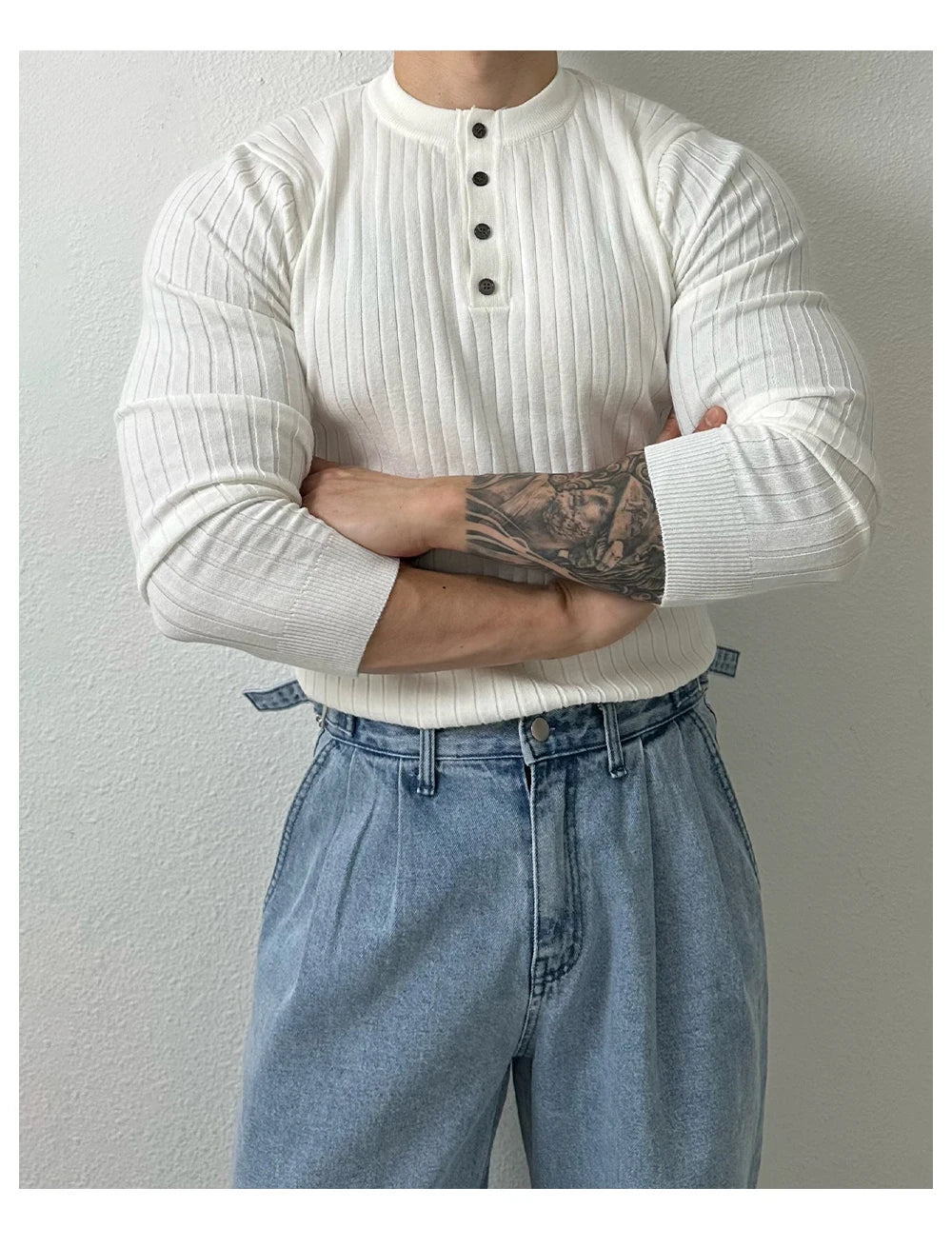 T-shirt boutonné à manches longues pour hommes, tricots de loisirs rétro, col Henry, vêtements de luxe légers, coréen populaire, automne