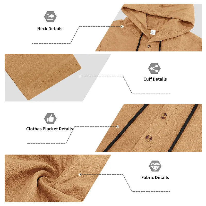 Costume décontracté en lin pour hommes, chemise Henley ample à capuche, pantalon à manches longues, automne transfrontalier