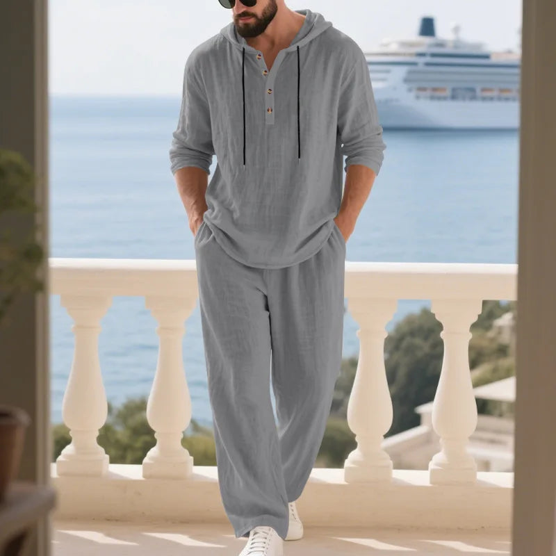 Costume décontracté en lin pour hommes, chemise Henley ample à capuche, pantalon à manches longues, automne transfrontalier