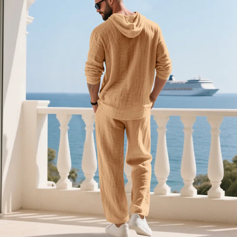 Costume décontracté en lin pour hommes, chemise Henley ample à capuche, pantalon à manches longues, automne transfrontalier