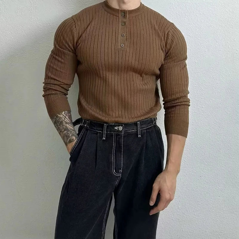T-shirt boutonné à manches longues pour hommes, tricots de loisirs rétro, col Henry, vêtements de luxe légers, coréen populaire, automne
