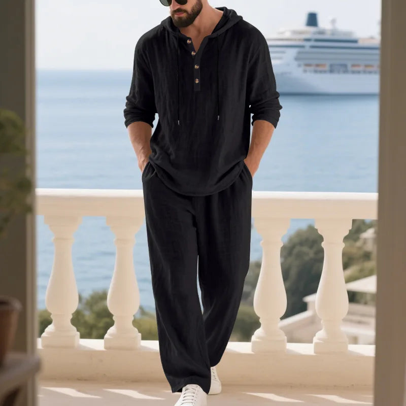 Costume décontracté en lin pour hommes, chemise Henley ample à capuche, pantalon à manches longues, automne transfrontalier