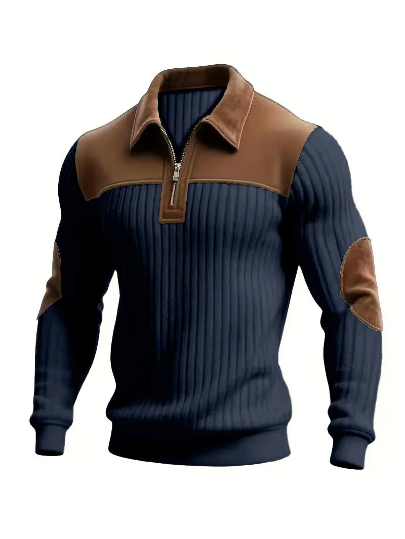 Sweat-shirt sport décontracté en velours côtelé color-block pour homme, col montant boutonné, coupe ample, collection Printemps-Automne 2026