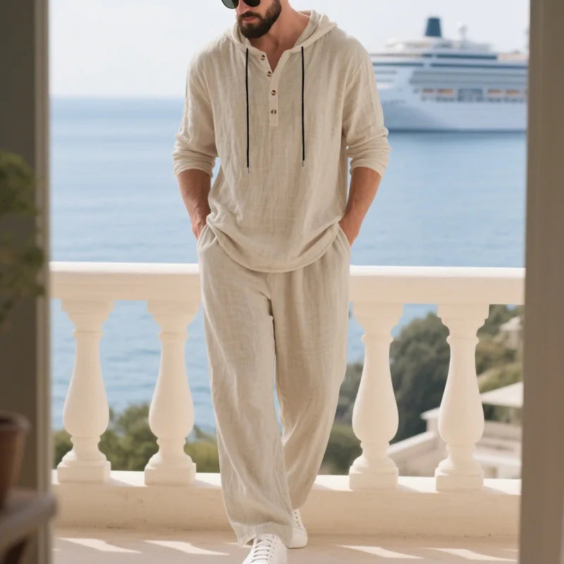 Costume décontracté en lin pour hommes, chemise Henley ample à capuche, pantalon à manches longues, automne transfrontalier