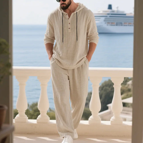 Costume décontracté en lin pour hommes, chemise Henley ample à capuche, pantalon à manches longues, automne transfrontalier