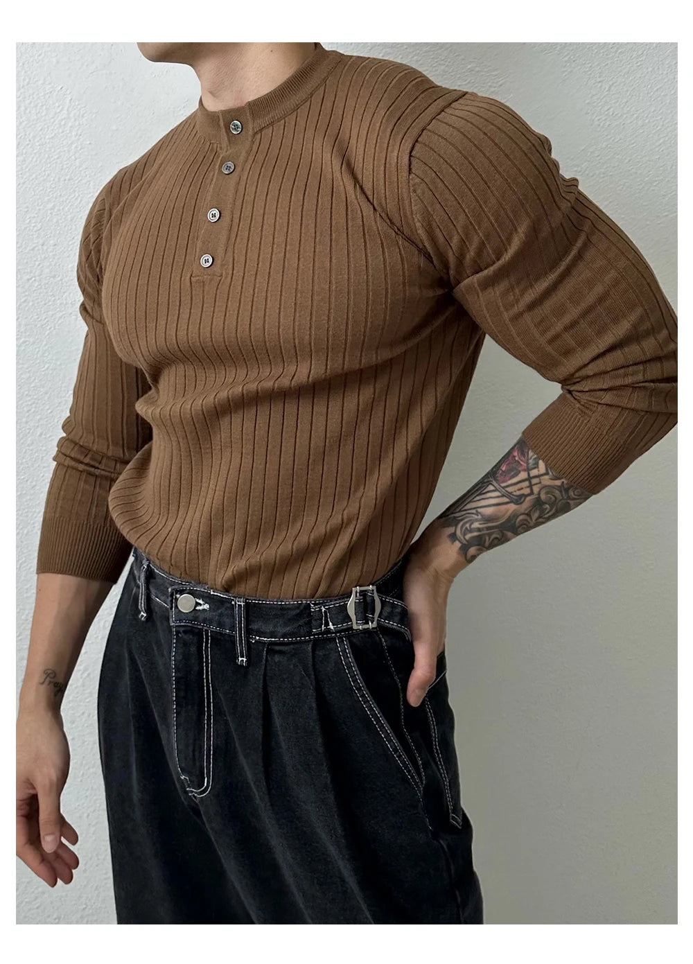 T-shirt boutonné à manches longues pour hommes, tricots de loisirs rétro, col Henry, vêtements de luxe légers, coréen populaire, automne
