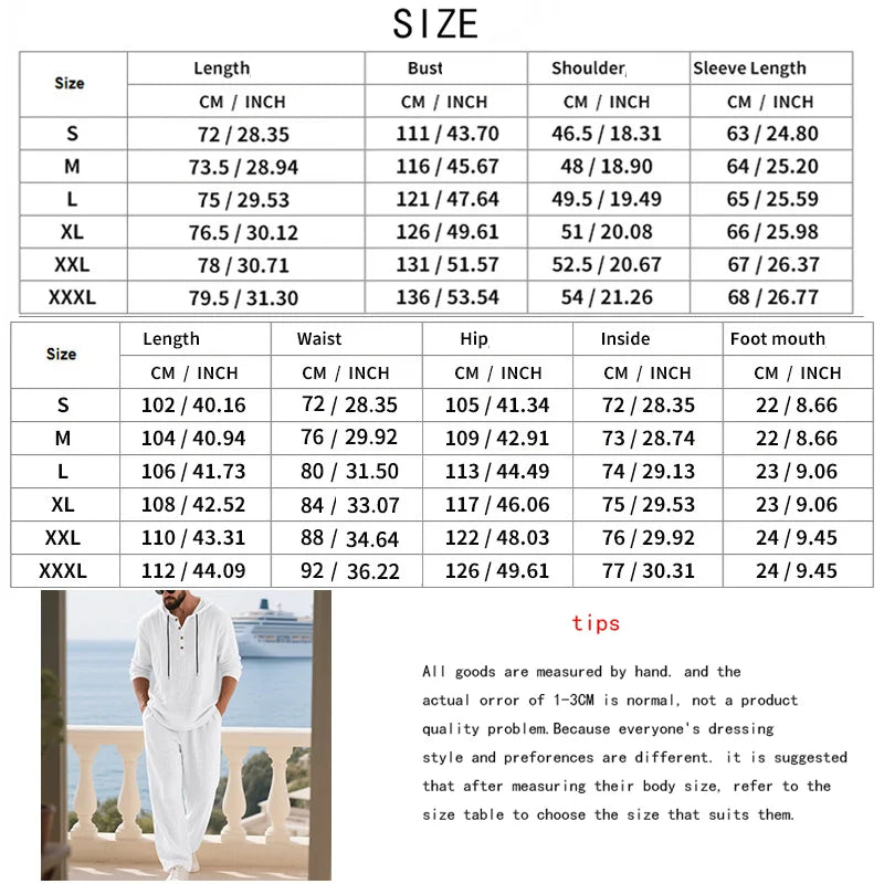 Costume décontracté en lin pour hommes, chemise Henley ample à capuche, pantalon à manches longues, automne transfrontalier
