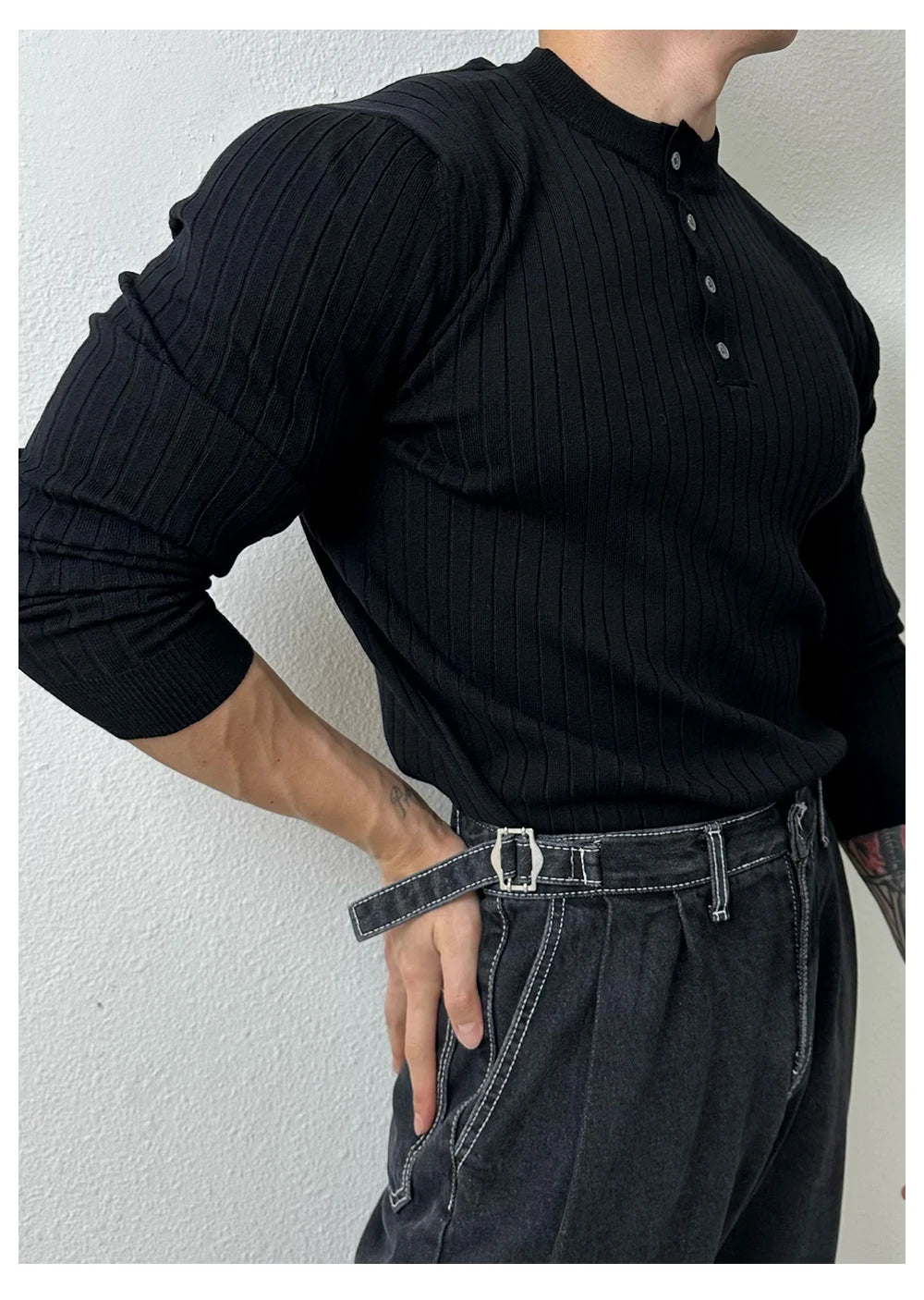T-shirt boutonné à manches longues pour hommes, tricots de loisirs rétro, col Henry, vêtements de luxe légers, coréen populaire, automne