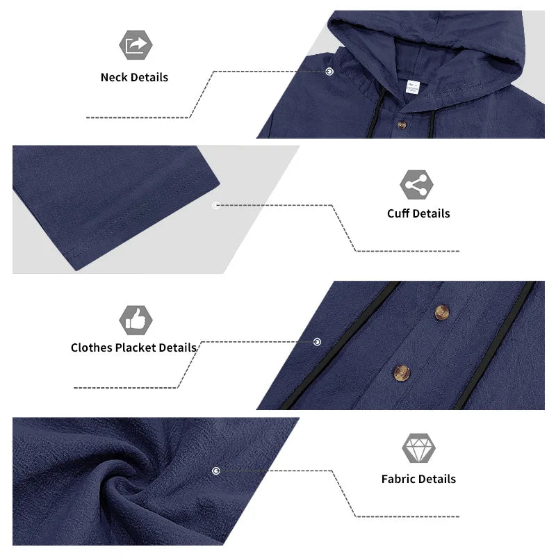 Costume décontracté en lin pour hommes, chemise Henley ample à capuche, pantalon à manches longues, automne transfrontalier