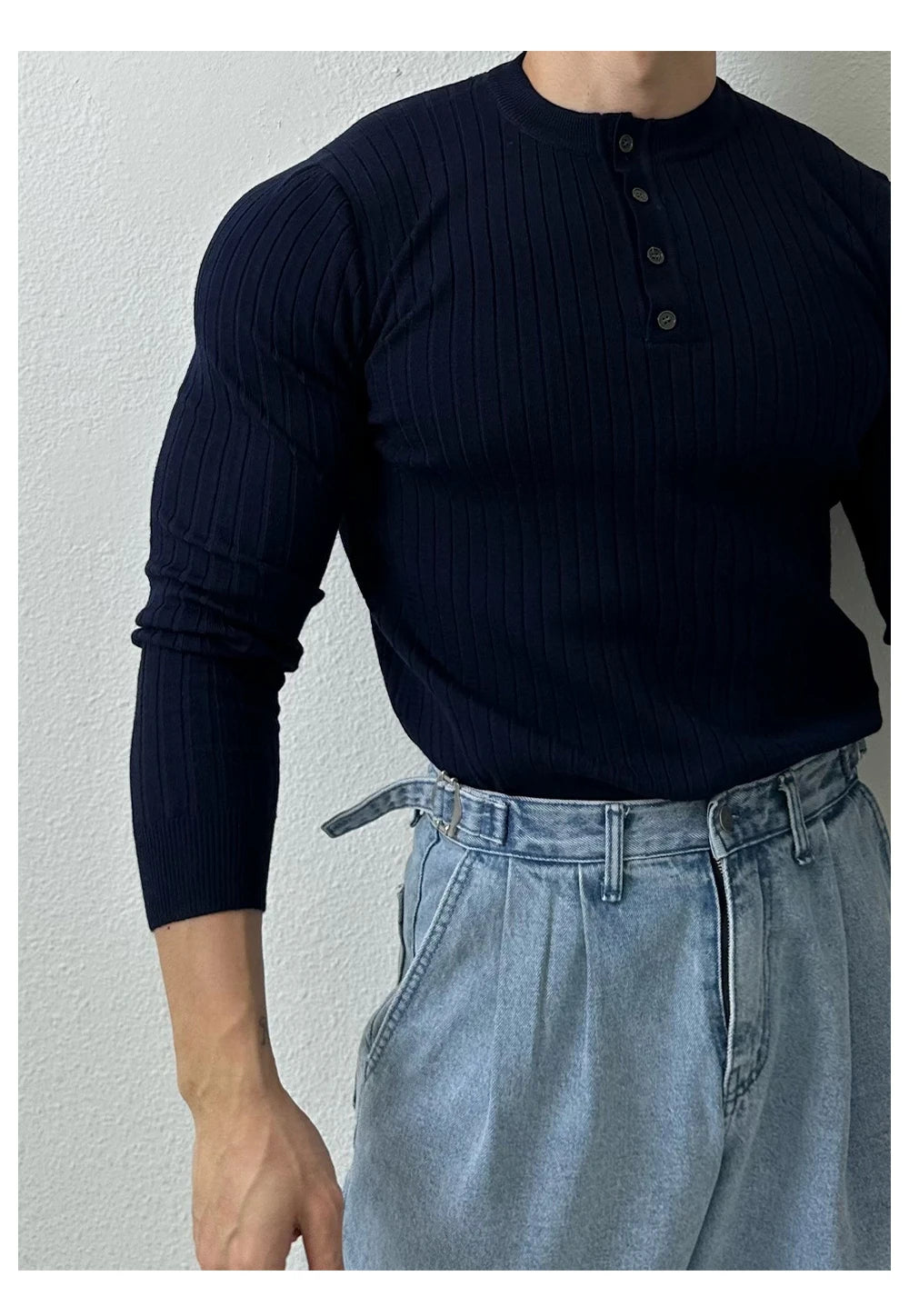 T-shirt boutonné à manches longues pour hommes, tricots de loisirs rétro, col Henry, vêtements de luxe légers, coréen populaire, automne