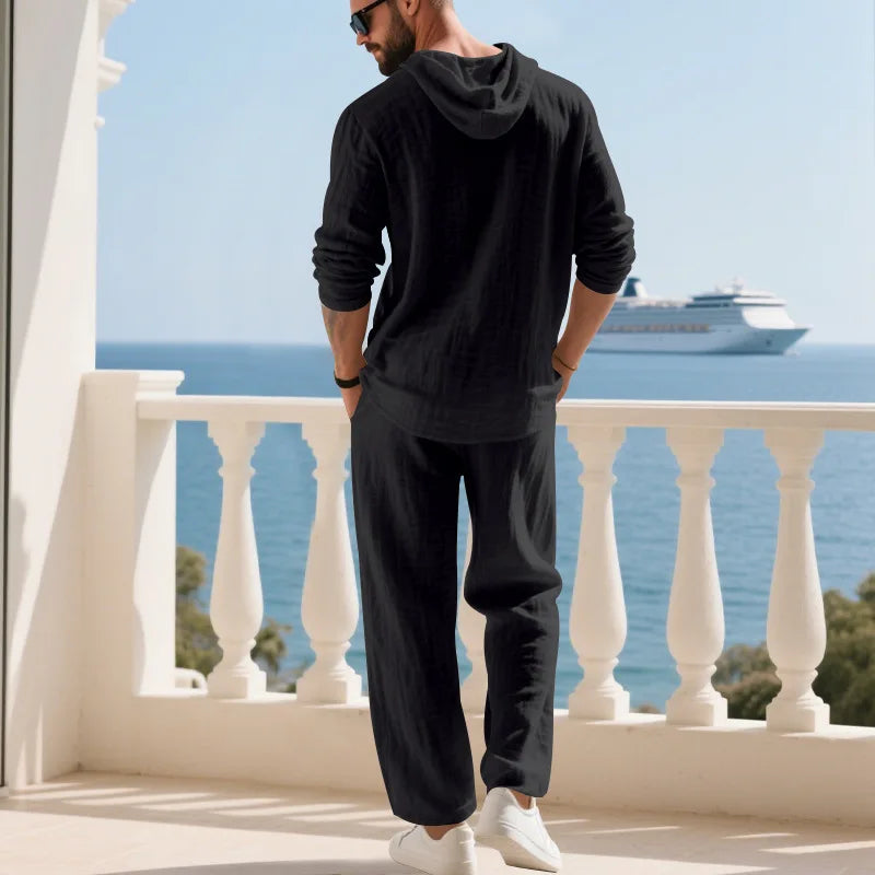 Costume décontracté en lin pour hommes, chemise Henley ample à capuche, pantalon à manches longues, automne transfrontalier