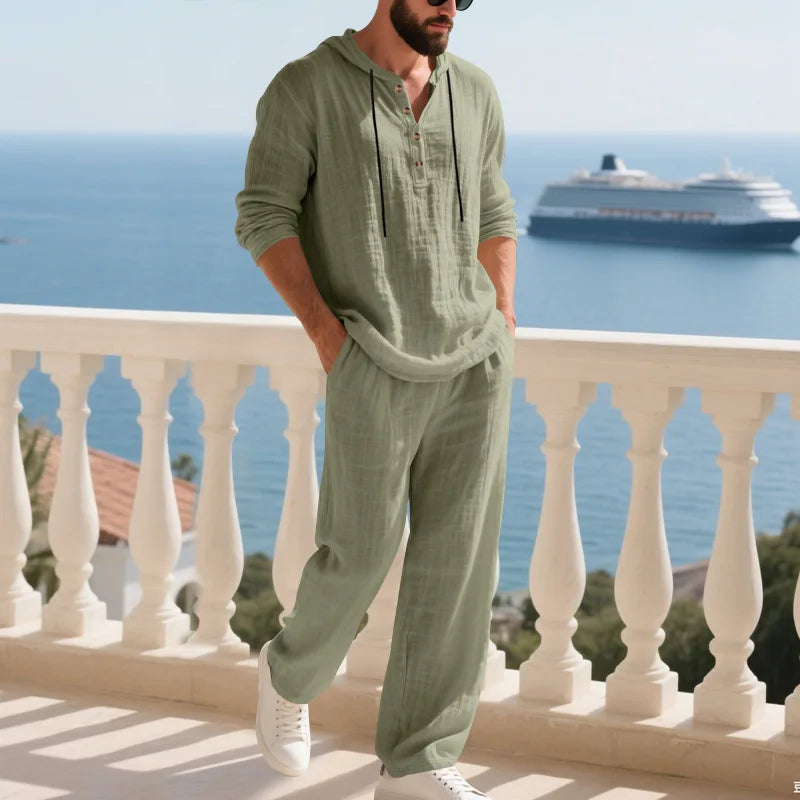 Costume décontracté en lin pour hommes, chemise Henley ample à capuche, pantalon à manches longues, automne transfrontalier