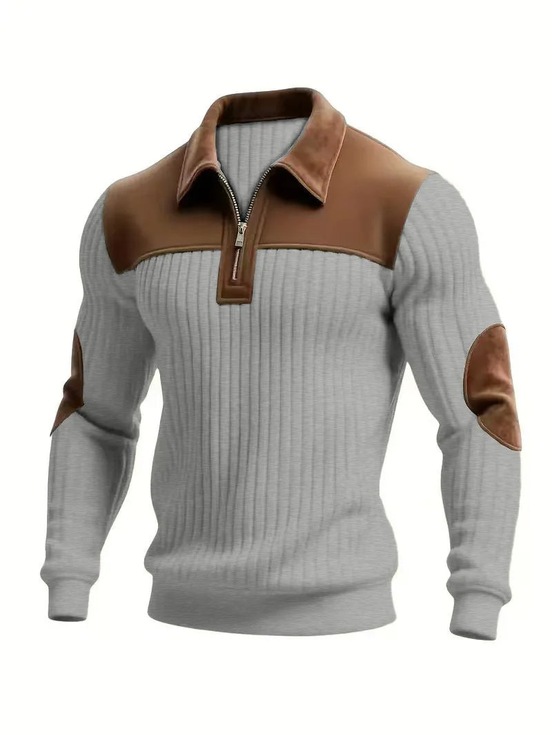 Sweat-shirt sport décontracté en velours côtelé color-block pour homme, col montant boutonné, coupe ample, collection Printemps-Automne 2026