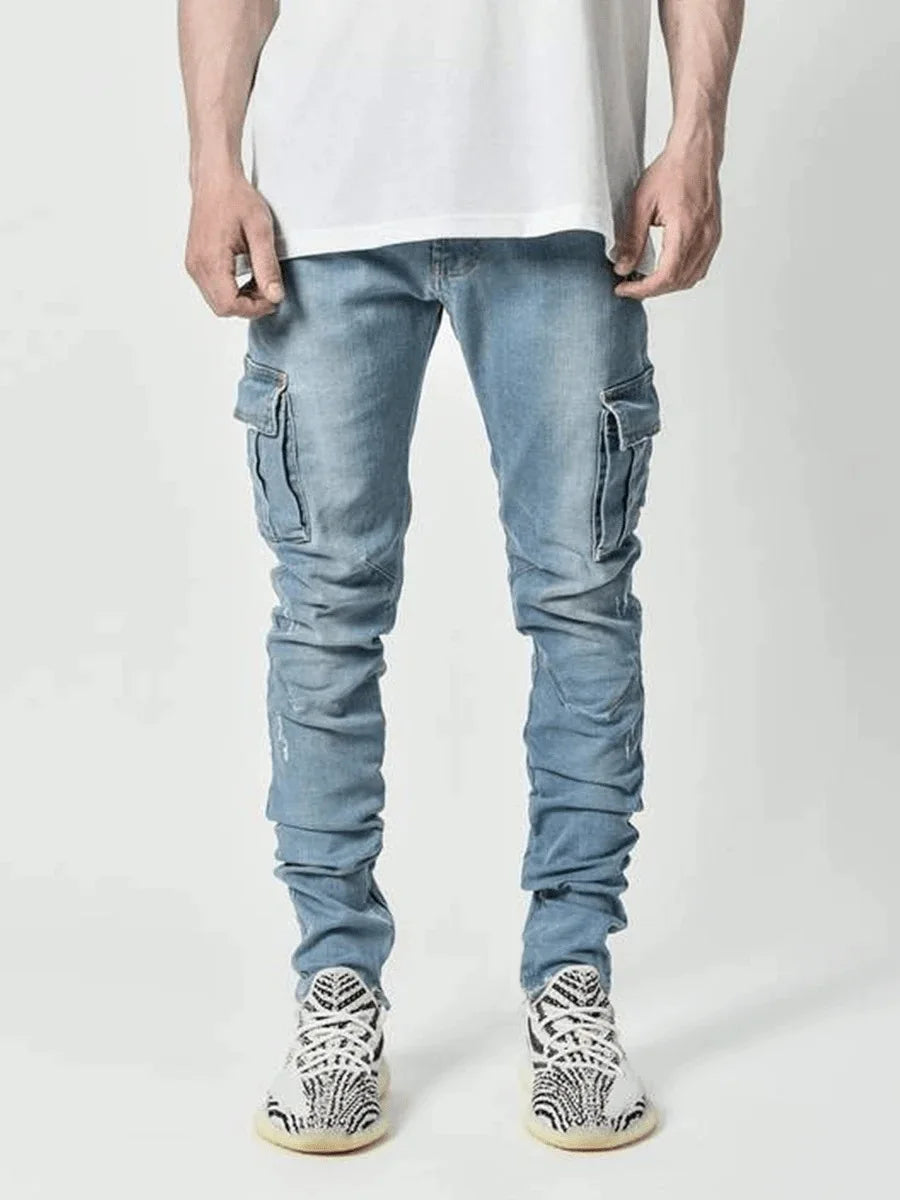 Jeans Cargo Homme 2026 – Pantalon en Denim Uni Multi-Poches Taille Moyenne – Grande Taille – Tendance Décontractée pour Usage Quotidien