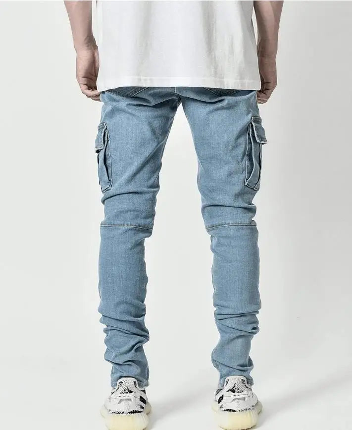 Jeans Cargo Homme 2026 – Pantalon en Denim Uni Multi-Poches Taille Moyenne – Grande Taille – Tendance Décontractée pour Usage Quotidien