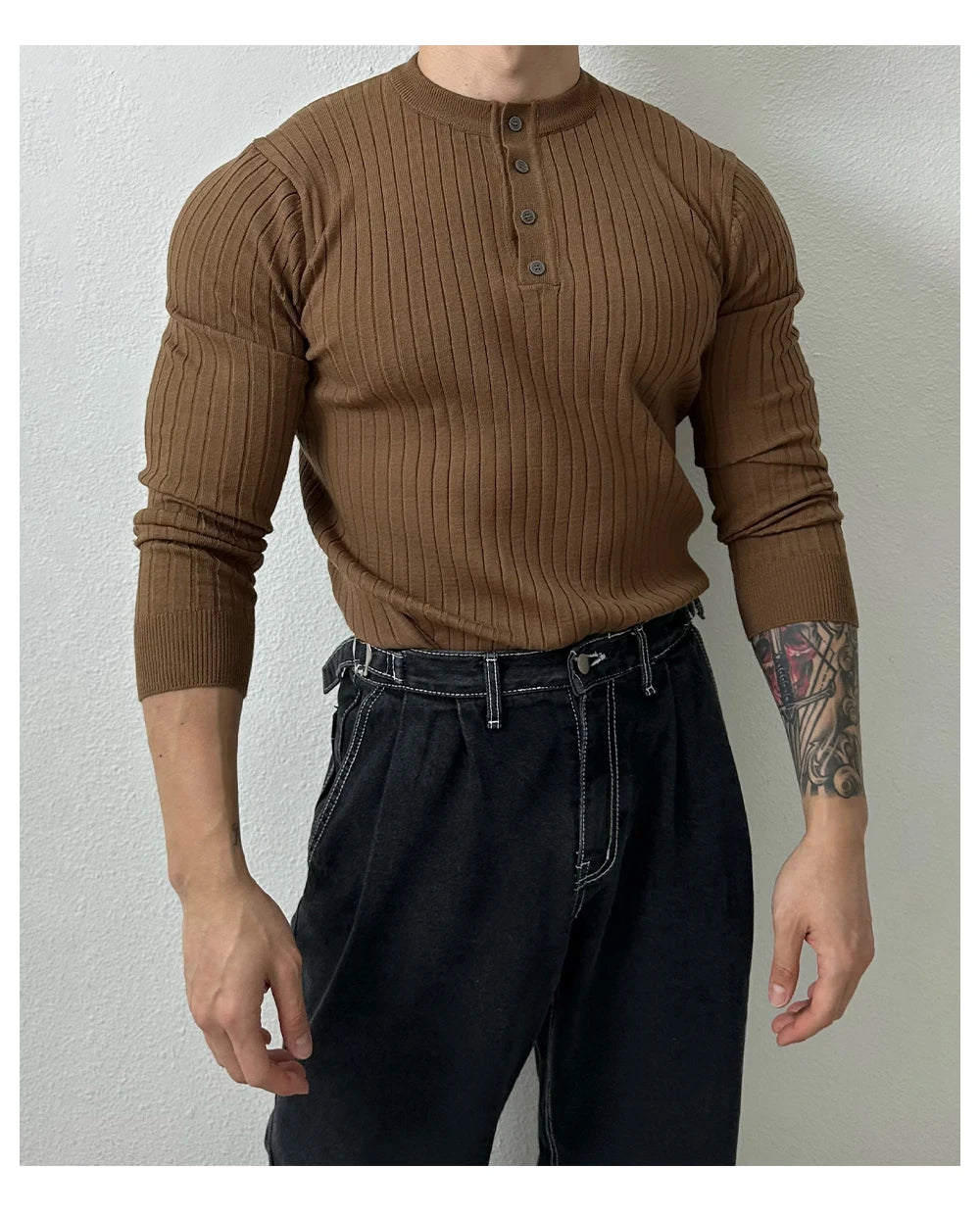 T-shirt boutonné à manches longues pour hommes, tricots de loisirs rétro, col Henry, vêtements de luxe légers, coréen populaire, automne