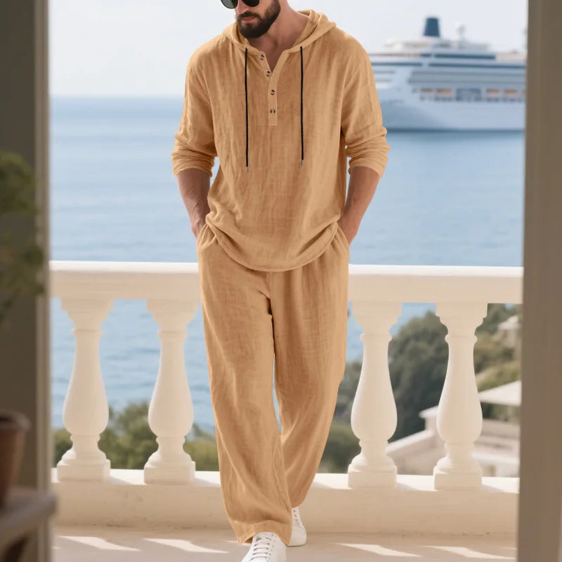 Costume décontracté en lin pour hommes, chemise Henley ample à capuche, pantalon à manches longues, automne transfrontalier