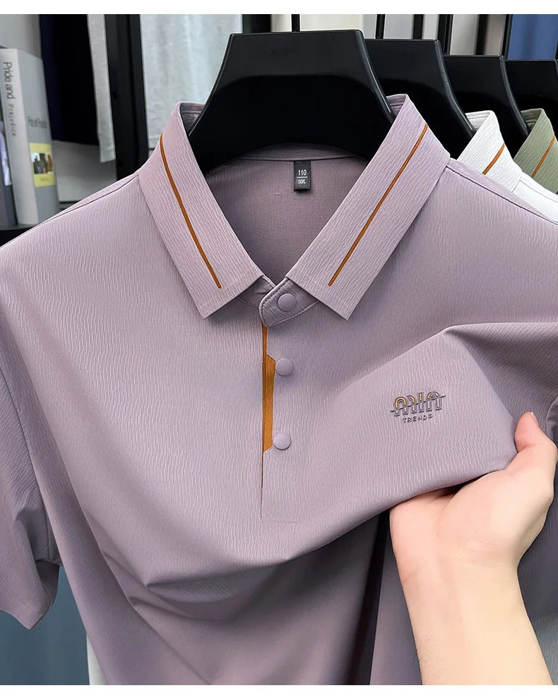Luxe marque glace soie manches courtes polo shirt homme été mode lettre en Gaufrage confort respirant loisir haut de gamme T-shirt
