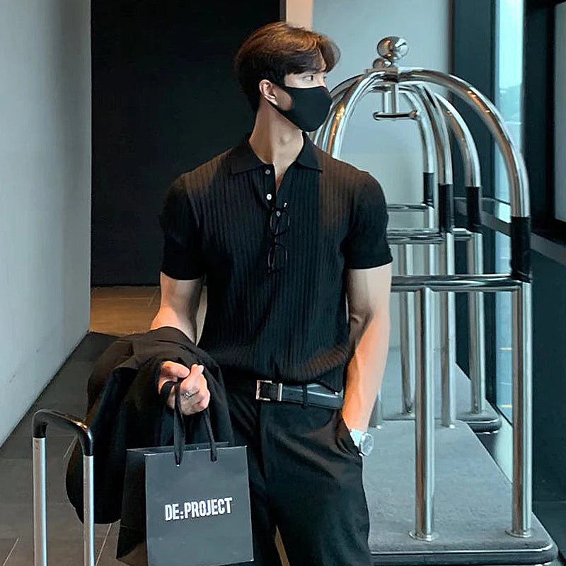 Vêtements d'été pour hommes rétro tricot revers rayé Polo couleur unie à manches courtes mode léger luxe populaire tricots M-3XL