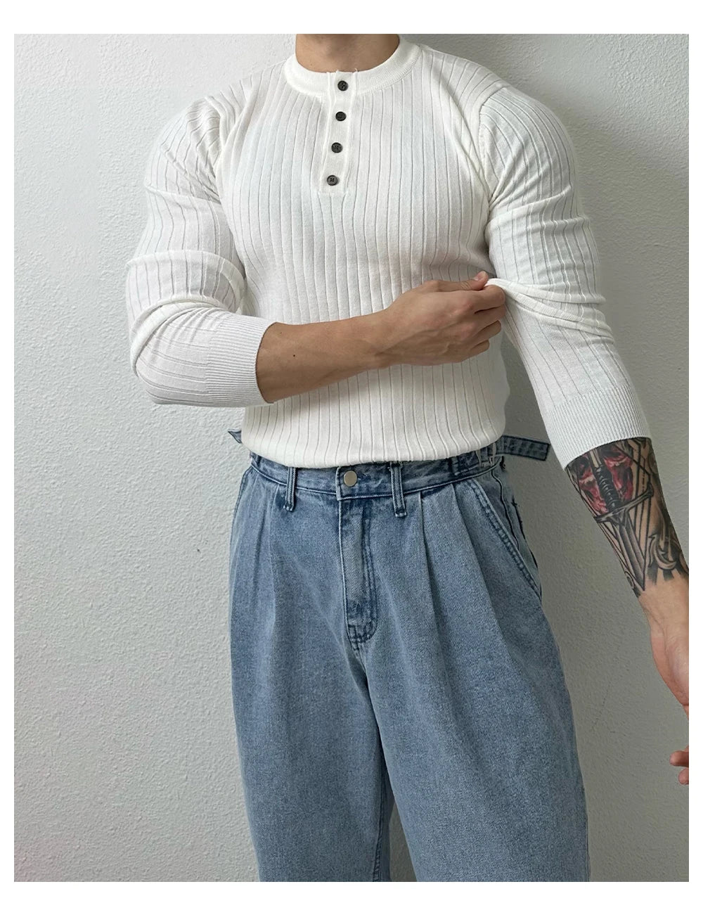 T-shirt boutonné à manches longues pour hommes, tricots de loisirs rétro, col Henry, vêtements de luxe légers, coréen populaire, automne