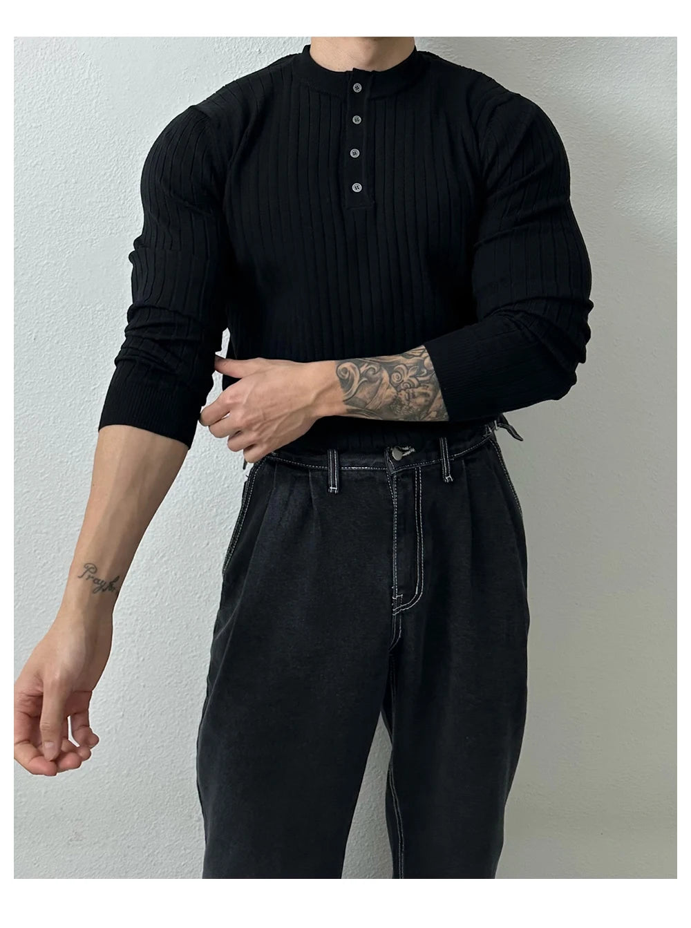T-shirt boutonné à manches longues pour hommes, tricots de loisirs rétro, col Henry, vêtements de luxe légers, coréen populaire, automne