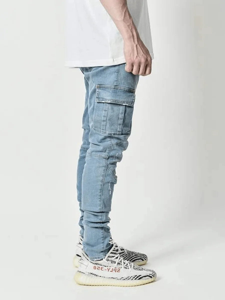 Jeans Cargo Homme 2026 – Pantalon en Denim Uni Multi-Poches Taille Moyenne – Grande Taille – Tendance Décontractée pour Usage Quotidien