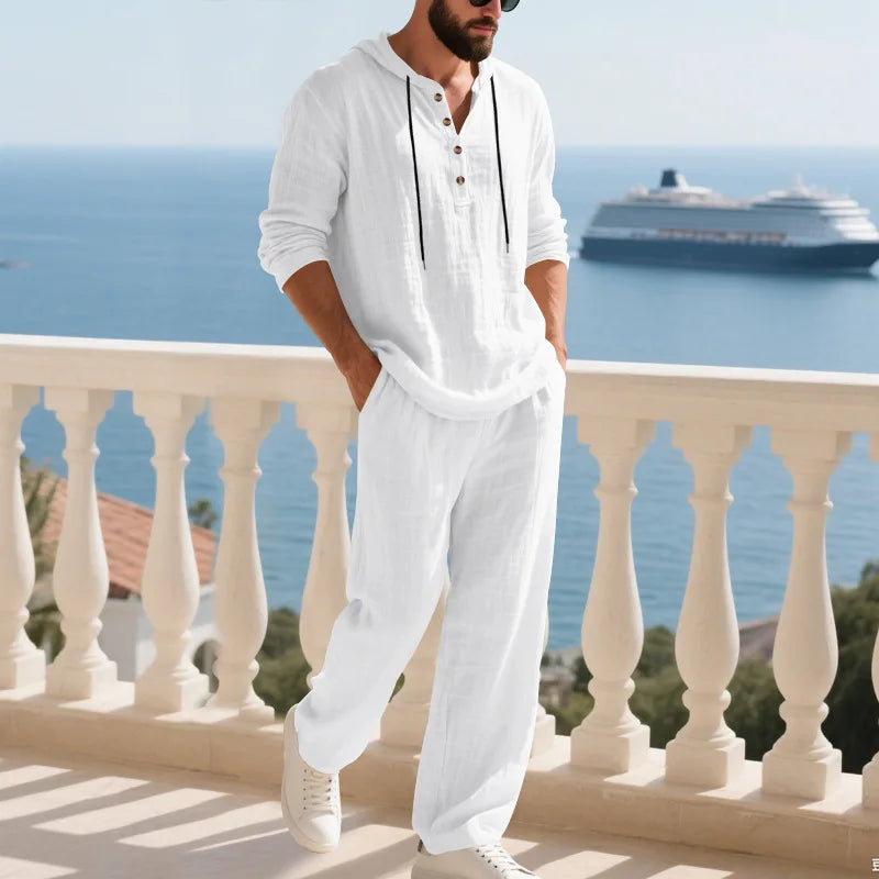 Costume décontracté en lin pour hommes, chemise Henley ample à capuche, pantalon à manches longues, automne transfrontalier
