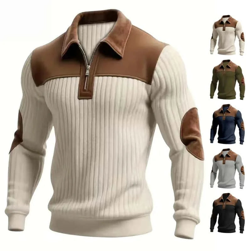 Sweat-shirt sport décontracté en velours côtelé color-block pour homme, col montant boutonné, coupe ample, collection Printemps-Automne 2026