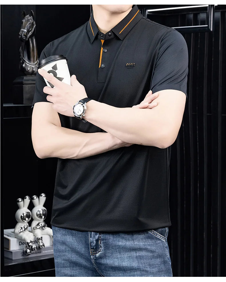 Luxe marque glace soie manches courtes polo shirt homme été mode lettre en Gaufrage confort respirant loisir haut de gamme T-shirt