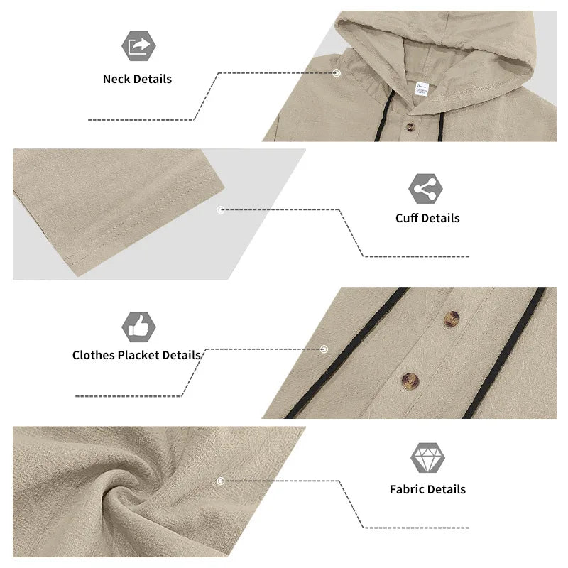 Costume décontracté en lin pour hommes, chemise Henley ample à capuche, pantalon à manches longues, automne transfrontalier