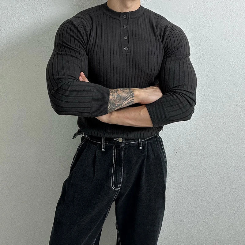 T-shirt boutonné à manches longues pour hommes, tricots de loisirs rétro, col Henry, vêtements de luxe légers, coréen populaire, automne