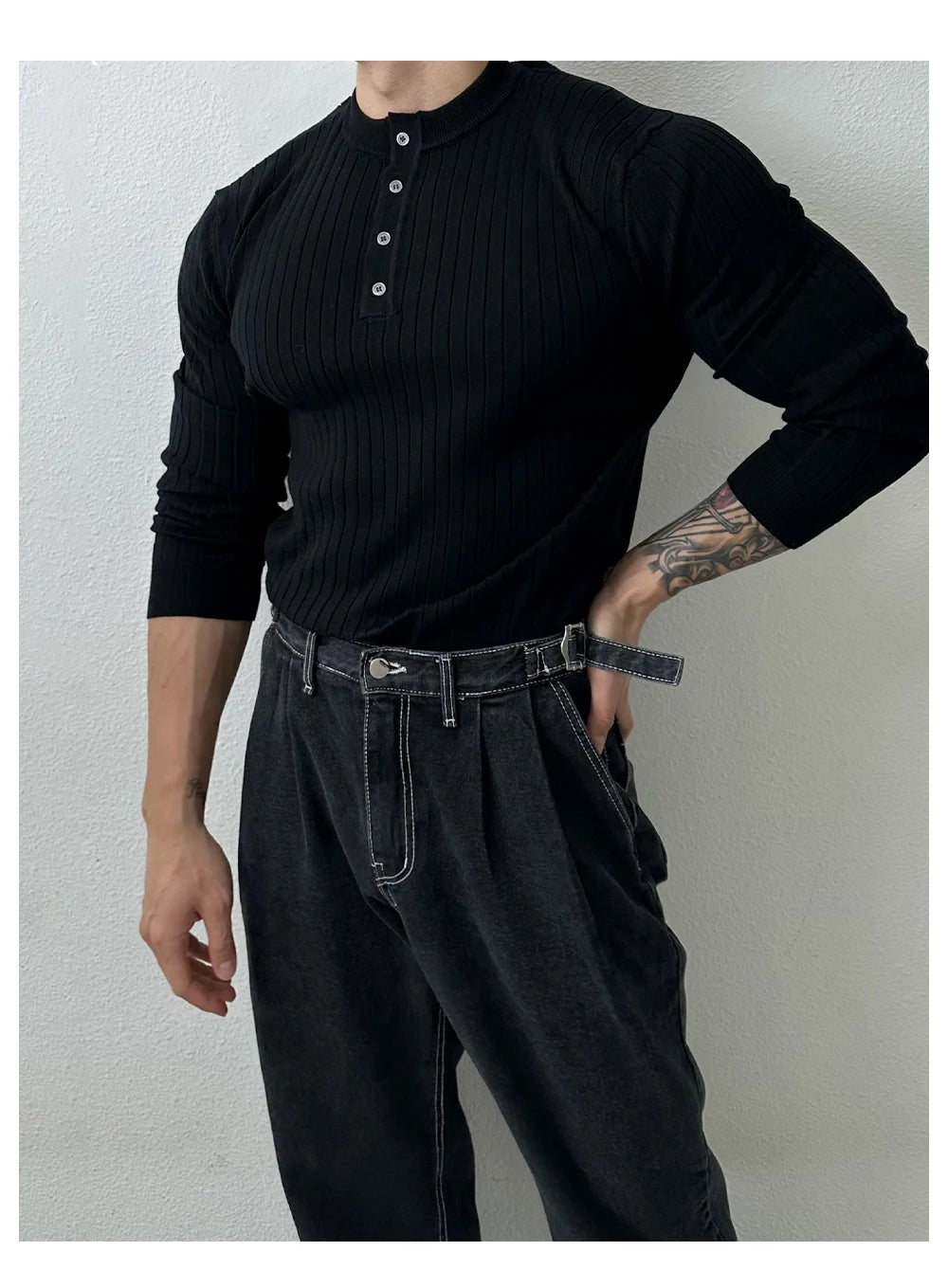 T-shirt boutonné à manches longues pour hommes, tricots de loisirs rétro, col Henry, vêtements de luxe légers, coréen populaire, automne