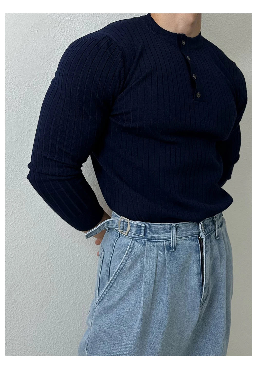 T-shirt boutonné à manches longues pour hommes, tricots de loisirs rétro, col Henry, vêtements de luxe légers, coréen populaire, automne