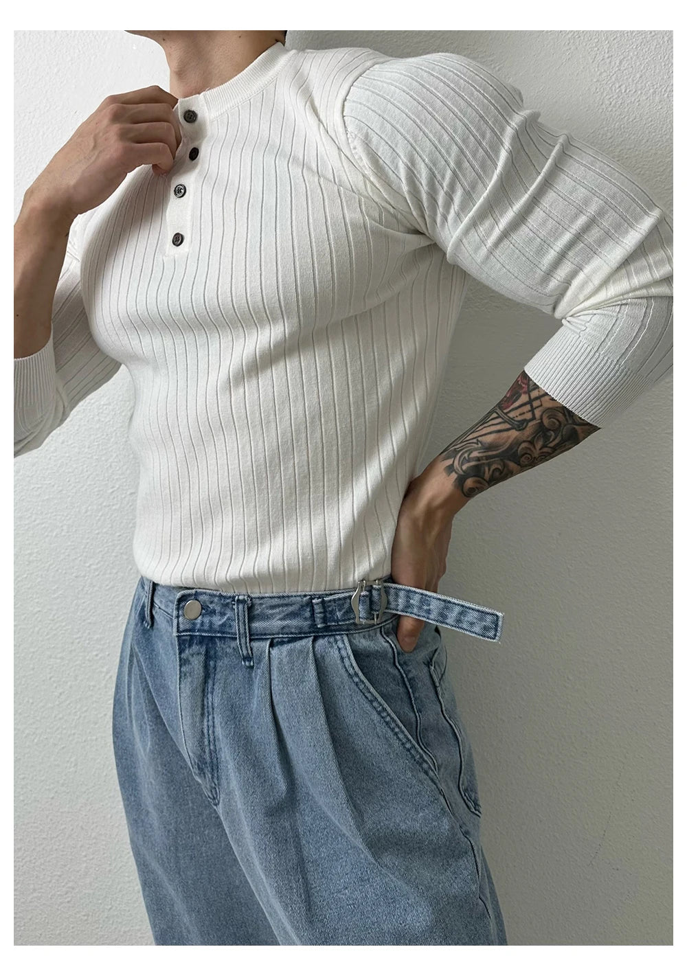 T-shirt boutonné à manches longues pour hommes, tricots de loisirs rétro, col Henry, vêtements de luxe légers, coréen populaire, automne