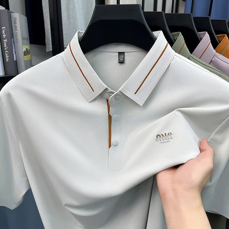 Luxe marque glace soie manches courtes polo shirt homme été mode lettre en Gaufrage confort respirant loisir haut de gamme T-shirt