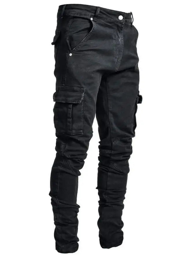 Jeans Cargo Homme 2026 – Pantalon en Denim Uni Multi-Poches Taille Moyenne – Grande Taille – Tendance Décontractée pour Usage Quotidien