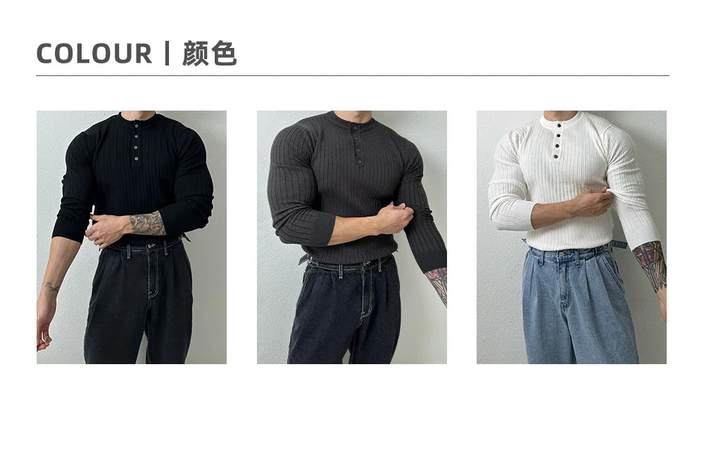 T-shirt boutonné à manches longues pour hommes, tricots de loisirs rétro, col Henry, vêtements de luxe légers, coréen populaire, automne