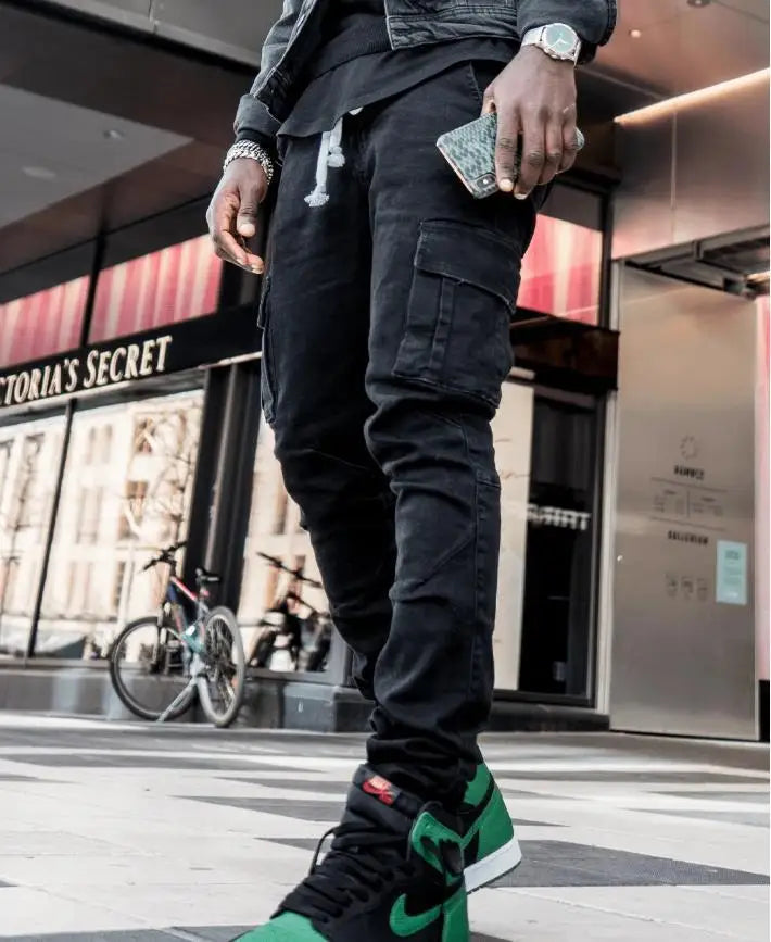 Jeans Cargo Homme 2026 – Pantalon en Denim Uni Multi-Poches Taille Moyenne – Grande Taille – Tendance Décontractée pour Usage Quotidien