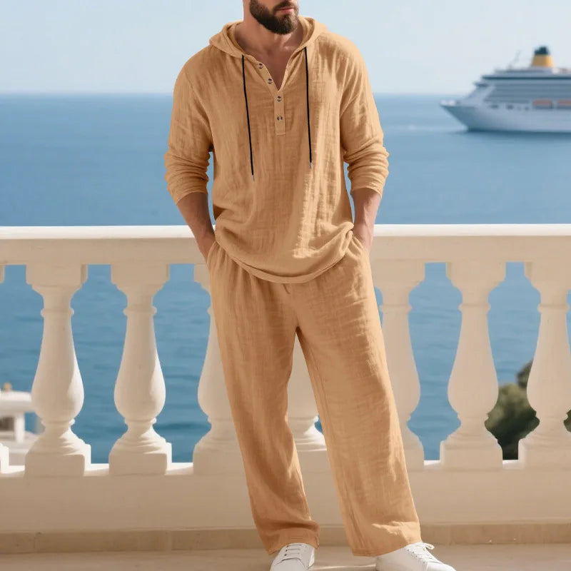 Costume décontracté en lin pour hommes, chemise Henley ample à capuche, pantalon à manches longues, automne transfrontalier