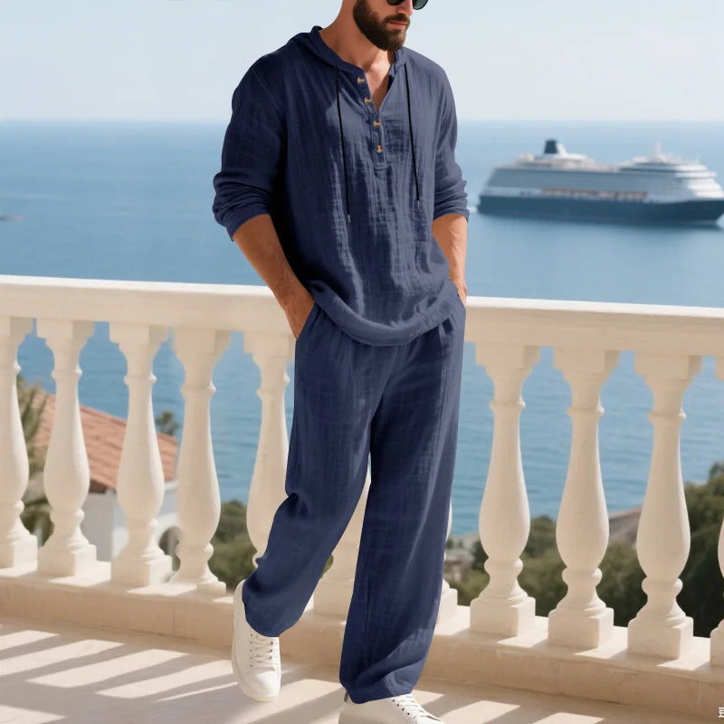 Costume décontracté en lin pour hommes, chemise Henley ample à capuche, pantalon à manches longues, automne transfrontalier