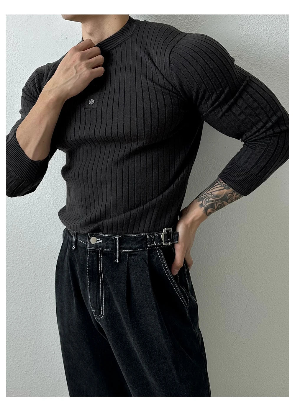 T-shirt boutonné à manches longues pour hommes, tricots de loisirs rétro, col Henry, vêtements de luxe légers, coréen populaire, automne