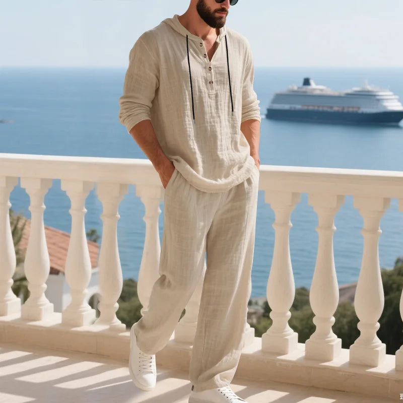 Costume décontracté en lin pour hommes, chemise Henley ample à capuche, pantalon à manches longues, automne transfrontalier