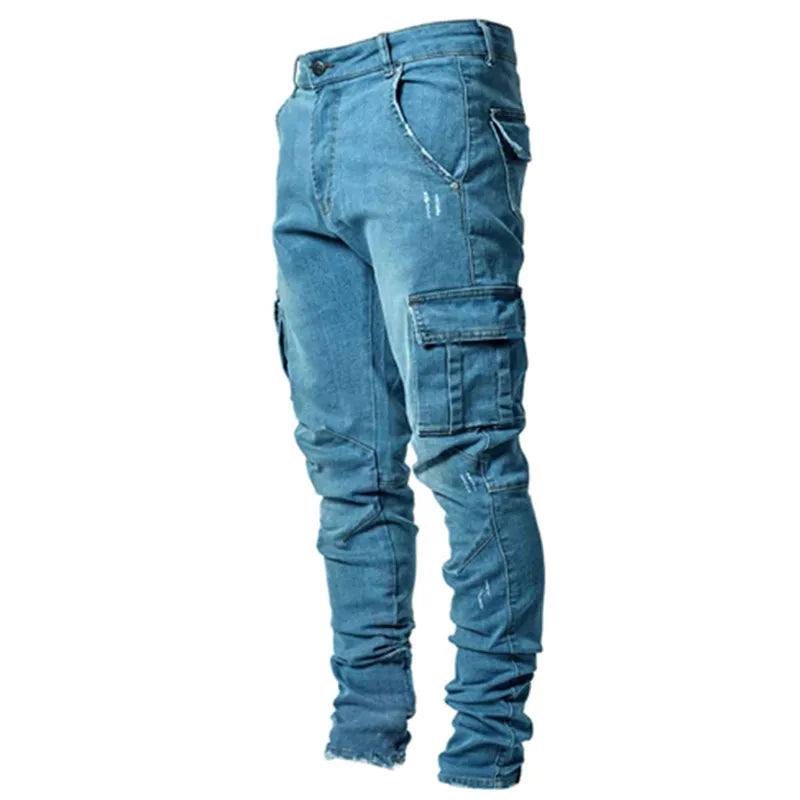 Jeans Cargo Homme 2026 – Pantalon en Denim Uni Multi-Poches Taille Moyenne – Grande Taille – Tendance Décontractée pour Usage Quotidien