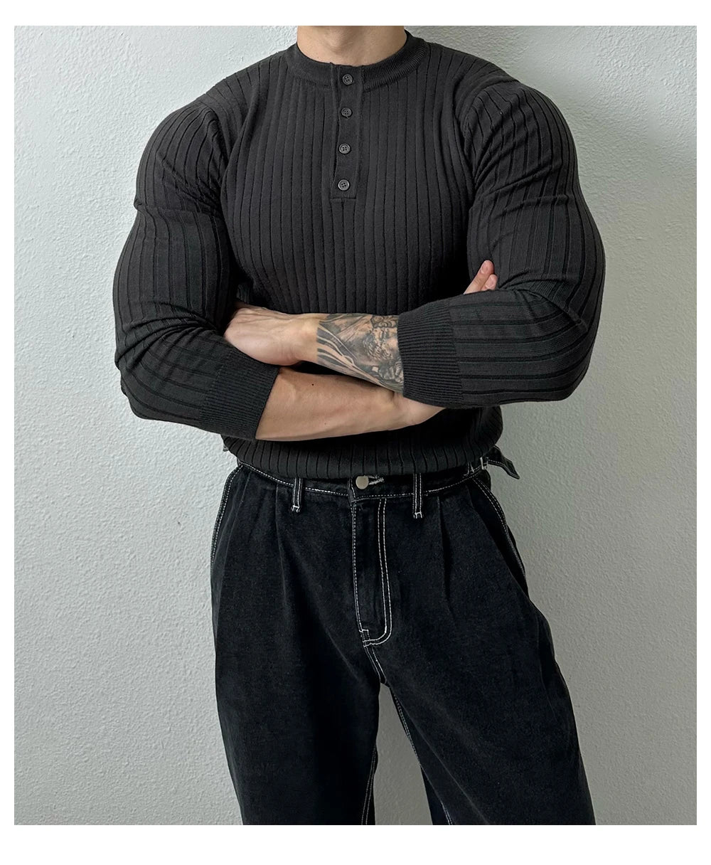 T-shirt boutonné à manches longues pour hommes, tricots de loisirs rétro, col Henry, vêtements de luxe légers, coréen populaire, automne