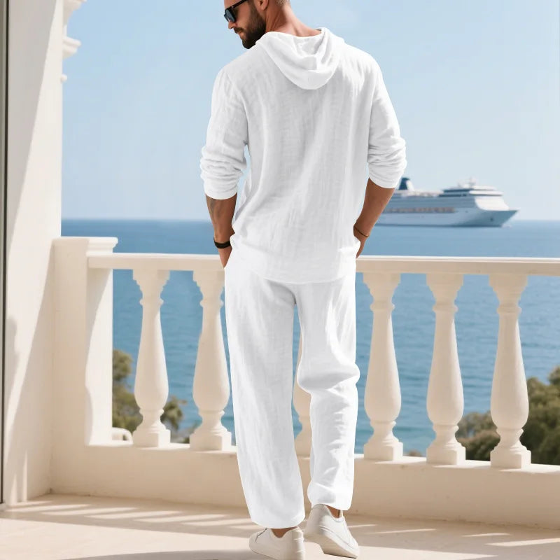 Costume décontracté en lin pour hommes, chemise Henley ample à capuche, pantalon à manches longues, automne transfrontalier