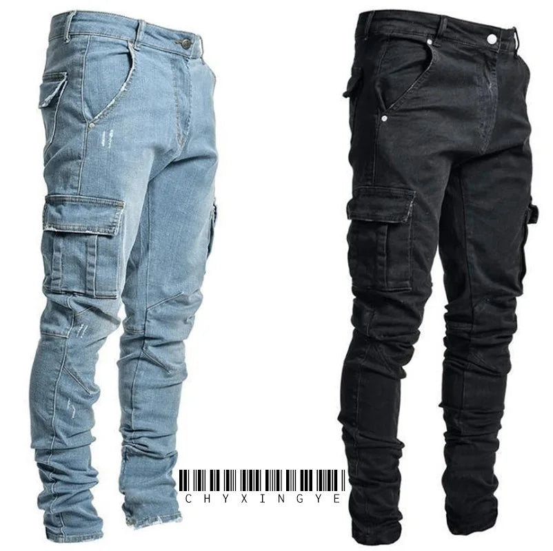 Jeans Cargo Homme 2026 – Pantalon en Denim Uni Multi-Poches Taille Moyenne – Grande Taille – Tendance Décontractée pour Usage Quotidien