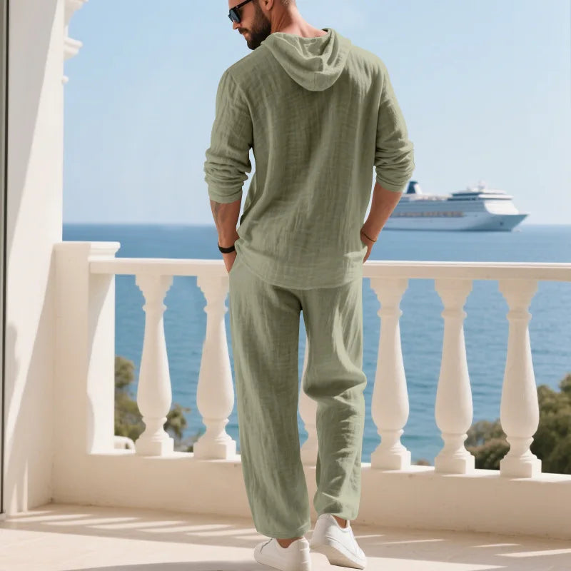Costume décontracté en lin pour hommes, chemise Henley ample à capuche, pantalon à manches longues, automne transfrontalier
