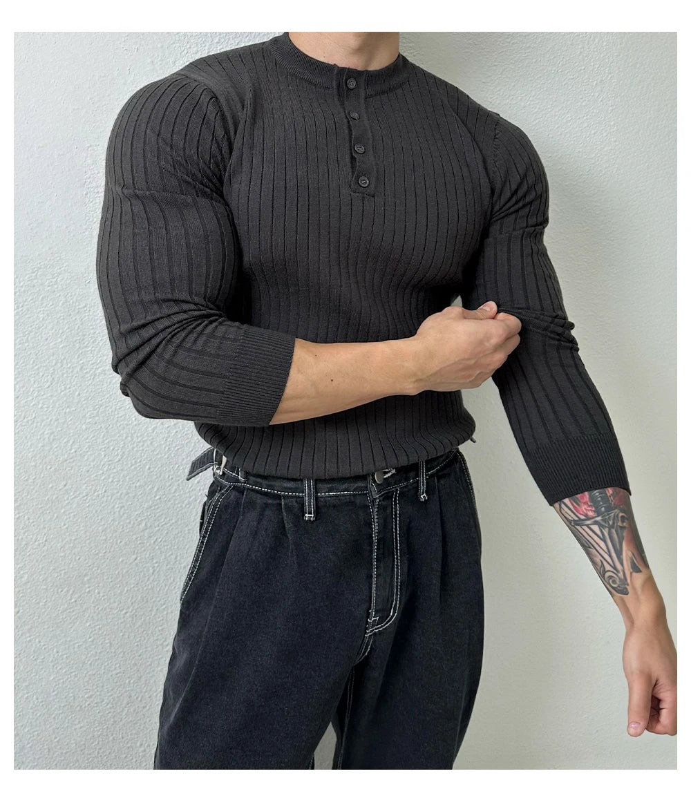 T-shirt boutonné à manches longues pour hommes, tricots de loisirs rétro, col Henry, vêtements de luxe légers, coréen populaire, automne